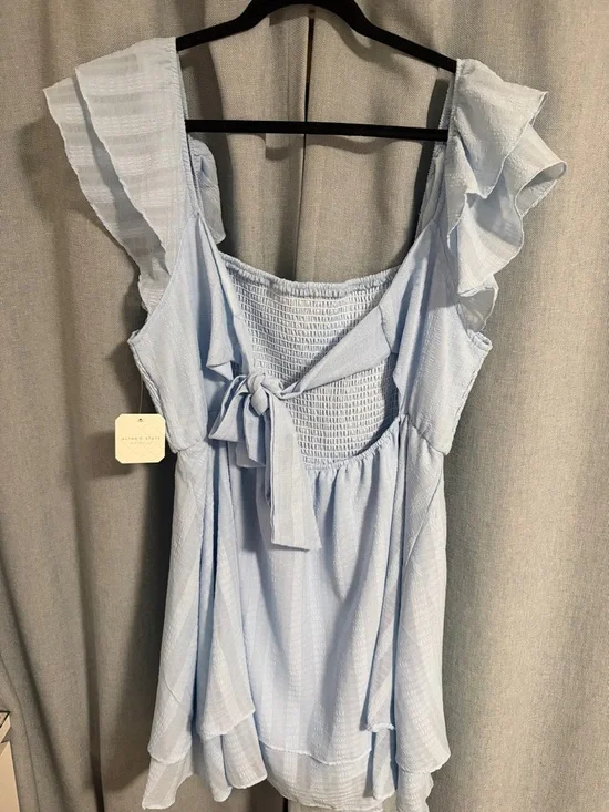 Altar’d State Light Blue Ruffled Sleeve Smocked Mini Dress, tie back -  XL - Picture 3 of 4